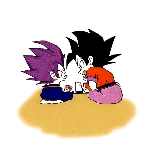 Goku y Vegeta face to face en grande, por debajo Goten y trunks fusionándose y al lado Gohan ssj2 tattoo design idea