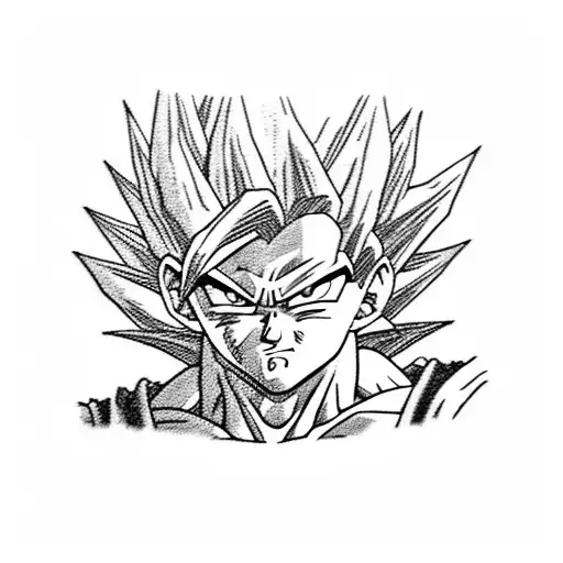 Goku y Vegeta face to face en grande, por debajo Goten y trunks fusionándose y al lado Gohan ssj2 tattoo design idea