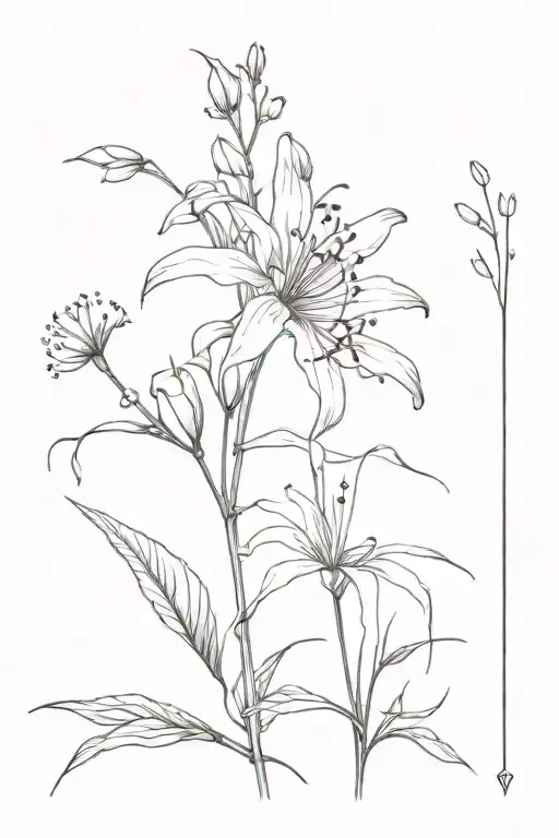 elderflower branch and spider lily enwinted together fine line tattoo design idea