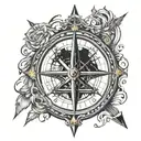 compass rose inside a compass with arrow with ship and a lone wolf tattoo design idea
