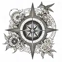compass rose inside a compass with arrow with ship and a lone wolf tattoo design idea