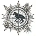 compass rose inside a compass with arrow with ship and a lone wolf tattoo design idea