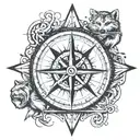 compass rose inside a compass with arrow with ship and a lone wolf tattoo design idea