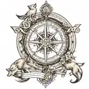 compass rose inside a compass with arrow with ship and a lone wolf tattoo design idea