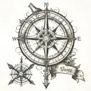 compass rose inside a compass with arrow with ship and a lone wolf tattoo design idea