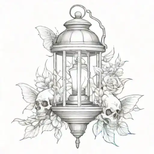 lantern with skull and moth tattoo design idea