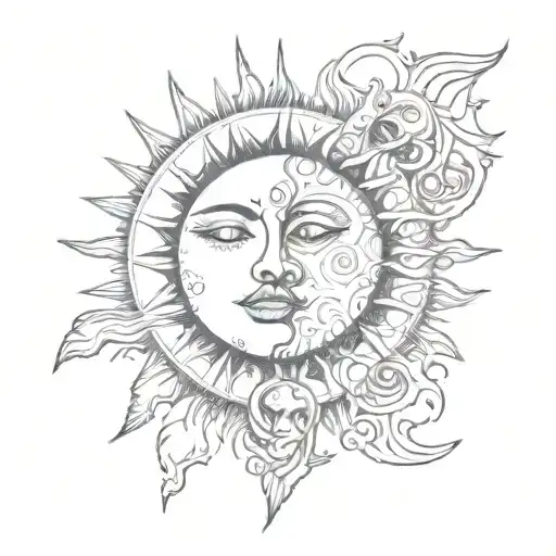 sun with a face kissing the moon with a face tattoo design idea