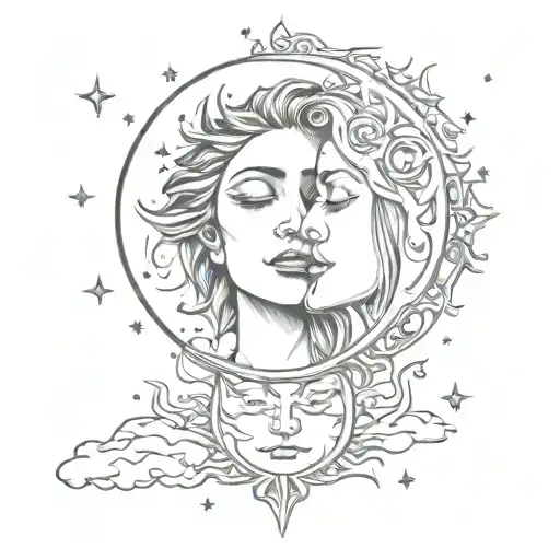 the sun with a human face kissing the moon with a human face surrounded by stars tattoo design idea