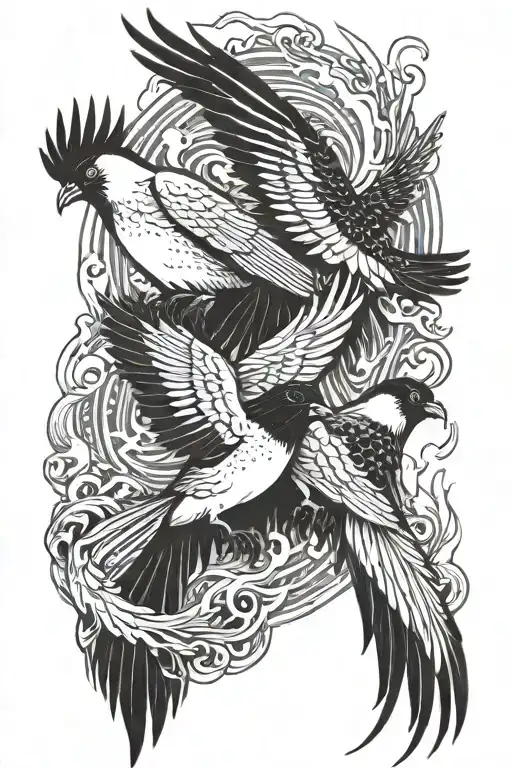 magpie and phoenix rising from ashes tattoo design idea