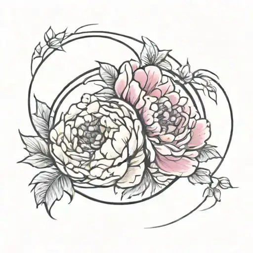 Peonies blooming from a yin-yang symbol, embodying balance and harmony in holistic therapy tattoo design idea
