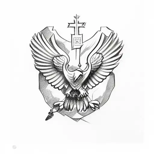 A sketch-style tattoo of an Albanian eagle holding a Catholic rosary tattoo design idea