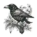 blackwork, dotwork, minimalist, small, modern, youthful crow sketch  tattoo design idea