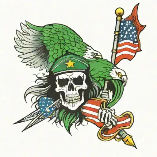 army, kiss rock band, American flag, green, eagle tattoo design idea