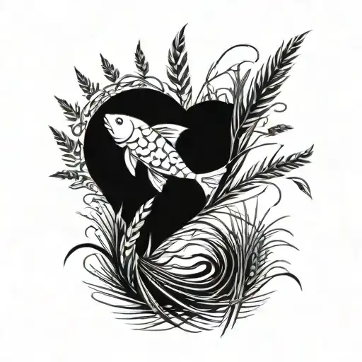 A sketch-style tattoo featuring a fish swimming in a field of wheat, symbolizing the Pisces and Virgo connection tattoo design idea