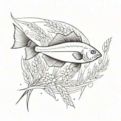 A sketch-style tattoo featuring a fish swimming in a field of wheat, symbolizing the Pisces and Virgo connection tattoo design idea