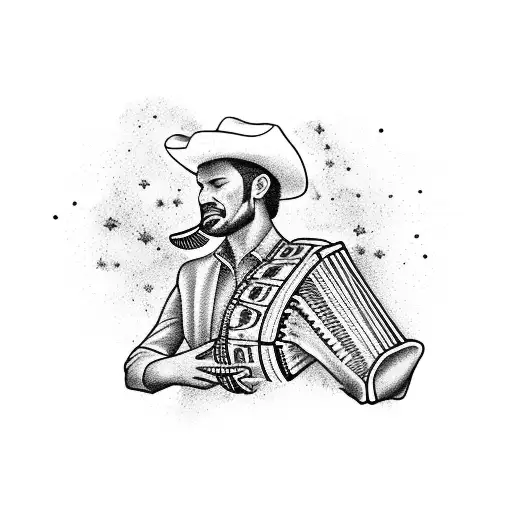 A zydeco music-inspired tattoo featuring a cowboy playing an accordion with intricate blackwork detailing. tattoo design idea