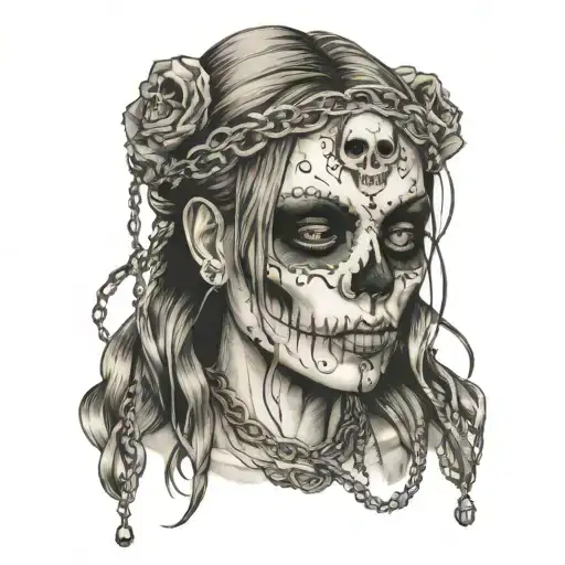 crying girl with chains over her eyes and a skull on her hands tattoo design idea