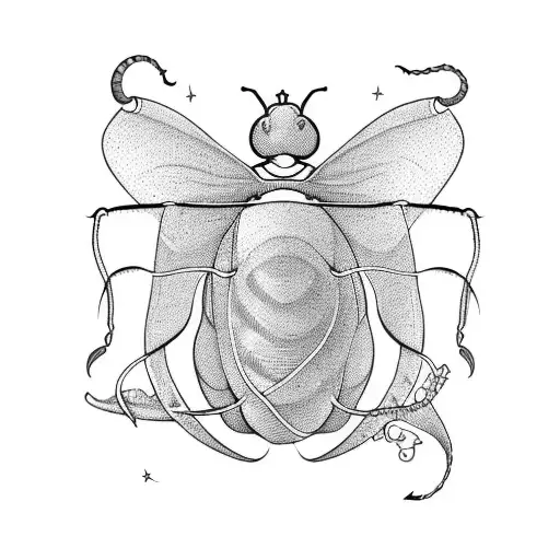 a wasp pulling a whale on 3 thin strings tattoo design idea