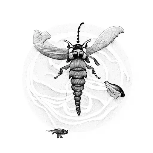 a wasp pulling a whale on 3 thin strings tattoo design idea