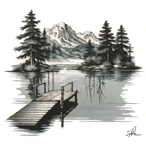 Create a tattoo of a lake with water with 2 people on a dock tattoo design idea