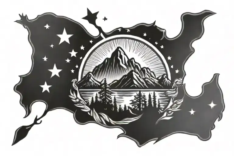 mountain, ocean, sun, and stars canada tattoo design idea