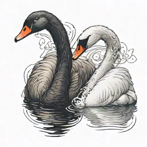 a black swan and a white swan swimming forming a heart with their necks tattoo design idea