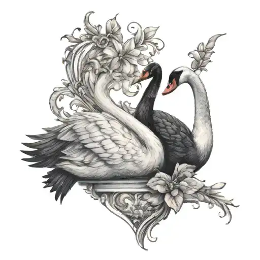 a black swan and white swan heart shape neck tattoo design idea
