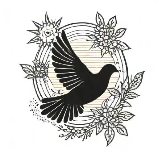 A minimalist blackwork tattoo of a dove carrying an olive branch symbolizing peace, with the sun setting in the background tattoo design idea