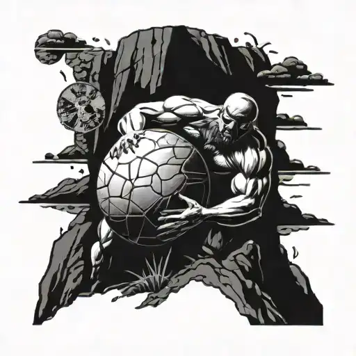 Sisyphus pushing a boulder , red rays radiating dark exterior tattoo design idea