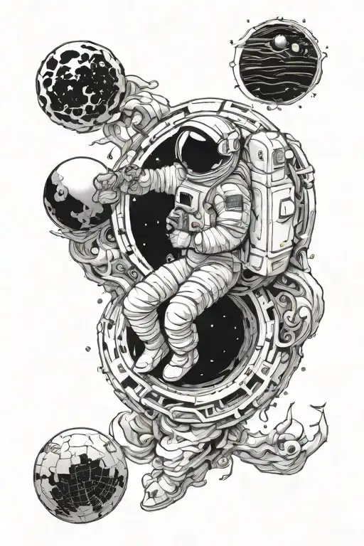 Interstellar Incorporate an astronaut near a black hole with swirling cosmic elements, include the word 'stay' tattoo design idea