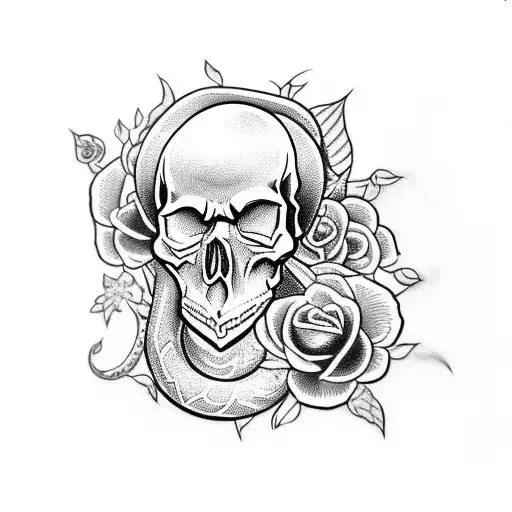 skull with a sword, flowers, and a snake tattoo design idea