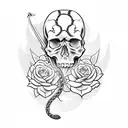 skull with a sword, flowers, and a snake tattoo design idea