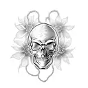 skull with a sword, flowers, and a snake tattoo design idea