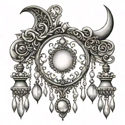 sternum crescent moon with a chandelier type 'gems' hanging tattoo design idea