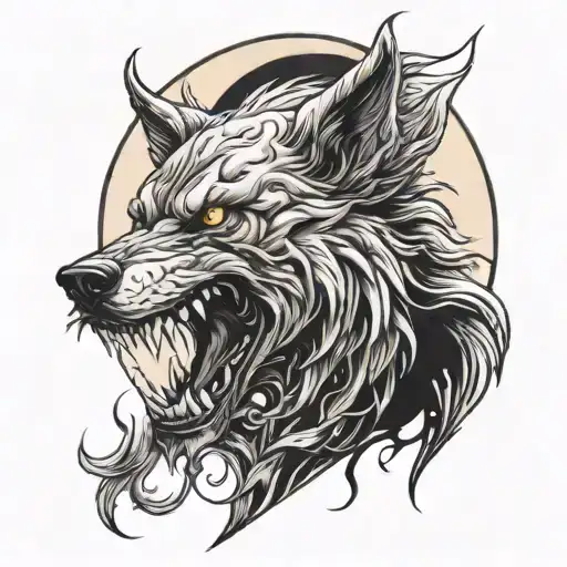 create a half-demon wolf under the moon with its tongue hanging out tattoo design idea