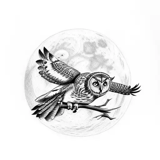 a realistic owl flying into the moon tattoo design idea