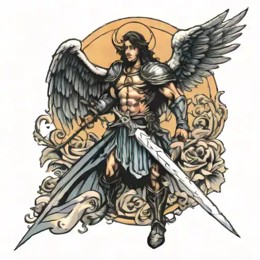 archangel Michael holding sword in front of a road tattoo design idea