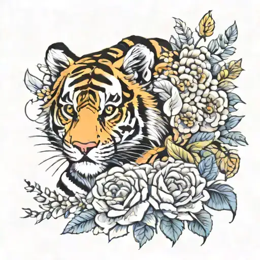 tiger and a baby tiger wit a lot of flowers  tattoo design idea