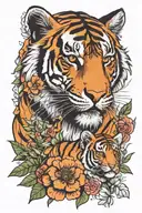 tiger and a baby tiger wit a lot of flowers  tattoo design idea