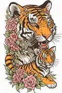 tiger and a baby tiger wit a lot of flowers  tattoo design idea