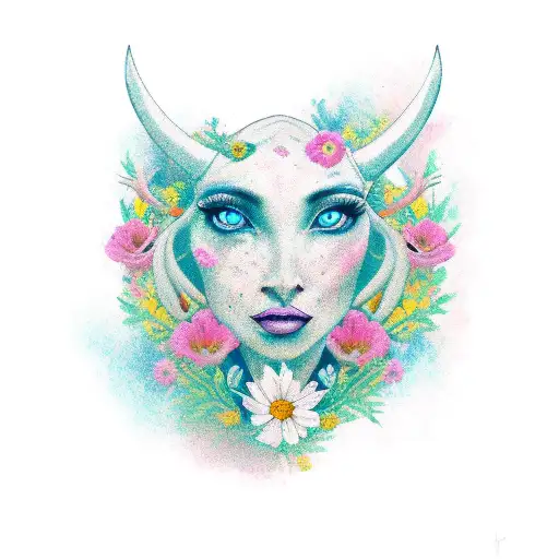 woman capricorn with flowers, colored tattoo design idea