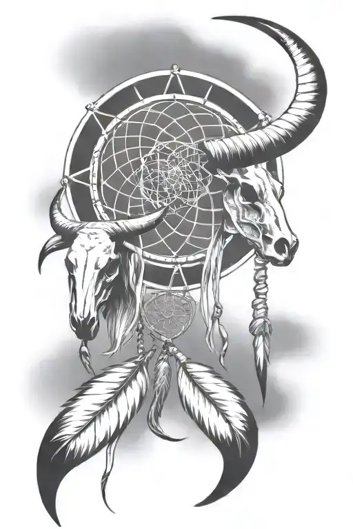a dream catcher on one side and a long horn bull skull on the other side tattoo design idea