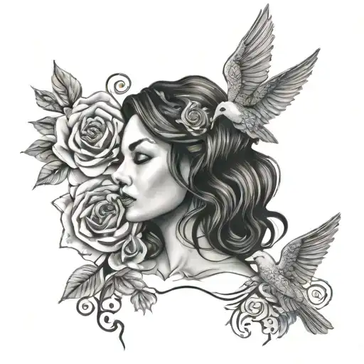 A detailed black and grey portrait of your wife surrounded by intricate rose and dove patterns tattoo design idea