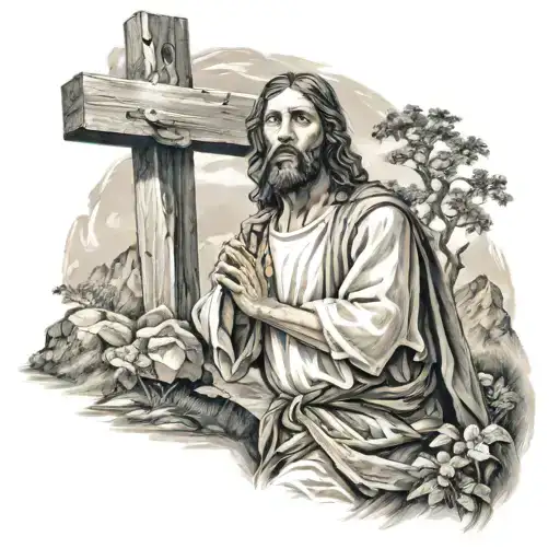 Jesus Christ carrying a cross surrounded by landscape tattoo design idea