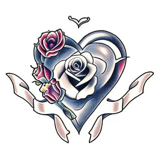 a heart with roses with the names Elizabeth and David  tattoo design idea
