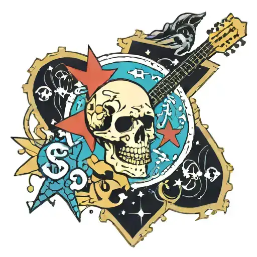 money sign star puzzle piece cross intertwined with guitar have a snowlepard around skull sun above and two paw prints  tattoo design idea