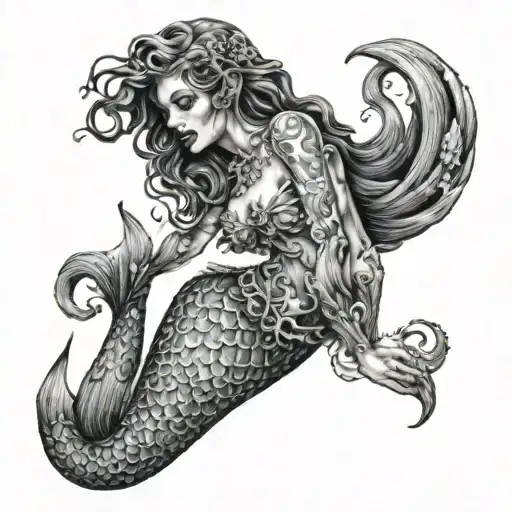 celestial, undead mermaid body tattoo design idea