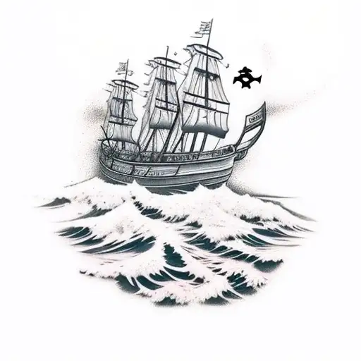 stary beach night with pirate ship and dog tattoo design idea