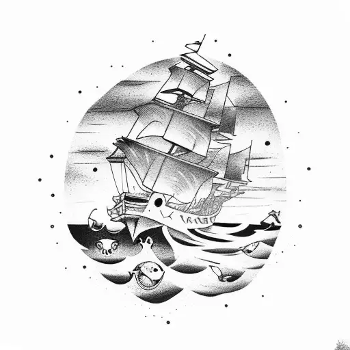 stary beach night with pirate ship in the ocean and dog on the sand tattoo design idea