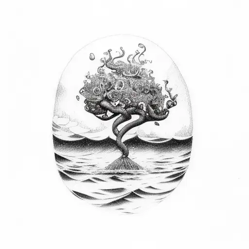 A whimsical coffee bean tree growing in the ocean waves tattoo design idea